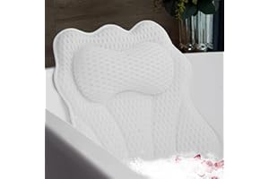 Joeyset Luxury Bathtub Pillow, 4D Air Mesh Fabric for Breathability & Quick-Drying, Extra Thick Spa Cushion for Head, Neck, Back Support, Non-Slip Tub Pillow with Strong Suction Cups (White)