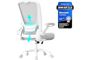 ‎SONGMICS SONGMICS Bürostuhl ergonomisch, Drehstuhl mit Mesh, Lenden- und Kopfstütze, Wippfunktion, 53 cm große Sitzfläche, klappbare Armlehnen, Arbeits- und Schlafzimmer, Studenten, hellgrau OBN037G02