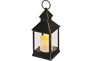 EMOS Antike Laterne mit LED Kerze, Vintage Design und Flammeneffekt, IP20 für Innen, Batteriebetrieben (3x AAA), 10000 Stunden, Warmweisse Lichtfarbe, 6 Stunden Timer Funktion, 10,5 x 24 cm, schwarz