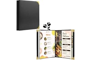 GLIMVILO Lot de 2 Porte-Menus A4 en Simili Cuir Noir – 4 Pages 8 Vues – Protège-Menu Durable – Livre de Menus en Cuir pour Restaurants, Cafés, Bars, Hôtels