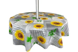 Karina Home Round Wipe Clean Garden Tablecloth with Parasol Hole Grey and Yellow Sunflower Round 138cm