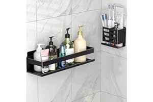 YESENT Mensola per doccia in alluminio nero, set da 2 pezzi, portaoggetti per bagno spesso e robusto, porta spazzolini, non richiede foratura o foratura per l'installazione