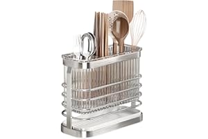 FEMONGY Escurridor Cubiertos, Soporte Utensilios Cocina, Cesta para Cubiertos de Acero Inoxidable, 3 Compartimentos, Sin Necesidad de Taladrar, de Pared, Extraíble, con Bandeja Recogegotas, Plata