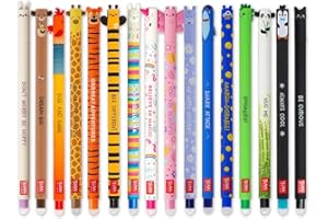 Legami - Juego de 16 bolígrafos de gel borrables con tinta de borrado termosensible, de tinta y diseños de barril, punta de 0,7 mm, diseños de animales