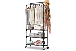 ALKNOT - Appendiabiti da terra,Appendiabiti con ruote,Stand appendiabiti nero a doppia asta con 3 vani portaoggetti(nero)