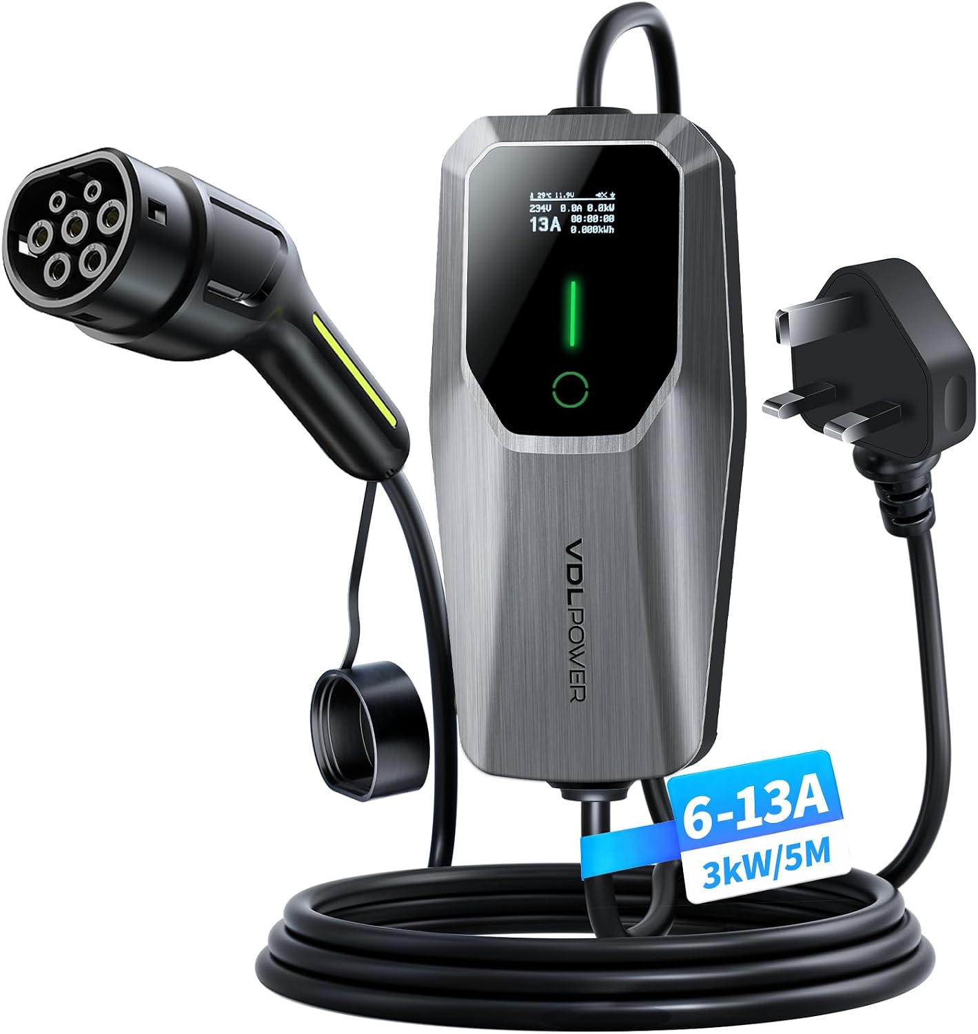 VDLPOWEREU EV Charger Cable Type 2 to 3 Pin Plug, Electric Car Charger 3kW, [6/8/10/13A] Type 2 Charging Cable 3 Pin EV Charger IP65 Advanced Protection Suitable for EVs & PHEVs