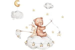 duoyif Naklejka na ścianę z niedźwiedziem, zając, tatuaż ścienny, gwiazdy, księżyc, chmury, pokój dziecięcy, dekoracja ścienna, tatuaż ścienny, dla dzieci, zwierzęta, pokój dziecięcy, 60 x 70 cm