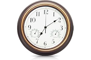 PORFOYO Gartenuhr Wetterfest, Außenuhren Wasserdicht, Wasserdichte Wanduhr, Außenuhren Wetterfest Mit Thermometer Und Hygrometer, Wanduhr für Drinnen Und Draußen für Küche Wohnzimmer Badezimmer (12 Zoll)