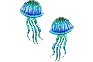Liffy Metal Jellyfish Wall Decor Ocean Tropical Fish Wall Art - Glass Metal Fish Wall Decor for Pool, Beach, Bathroom, Living Room, Bedroom - 15inch, 2Pcs