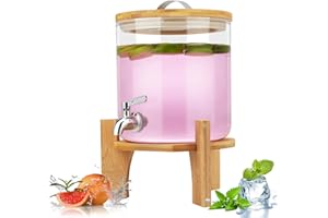 Hiziwimi 5L Getränkespender aus Glas mit Hahn, mit Bambusständer, Deckel für heiße oder kalte Getränke, Säfte und Teegetränke, Getränkespender mit Hahn