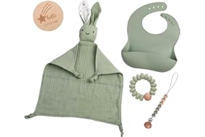 Yiomxhi Schmusetuch Baby, Baby Geschenk Mädchen Junge Personalisierte Geschenk Neugeborenen mit aus 100% Baumwolle Schmusetuch, Beißring, Lätzchen, Schnullerketten und Meilensteinkarten Holz(Grün)
