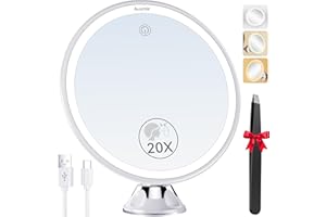 Auxmir Miroir Grossissant 20x Lumineux - Rechargeable avec 3 Modes D'éclairage LED - Ventouse d'attache Ajustable à 360° sans Fil - Miroir Cosmétique Portable pour Salle de Bain, Voyage