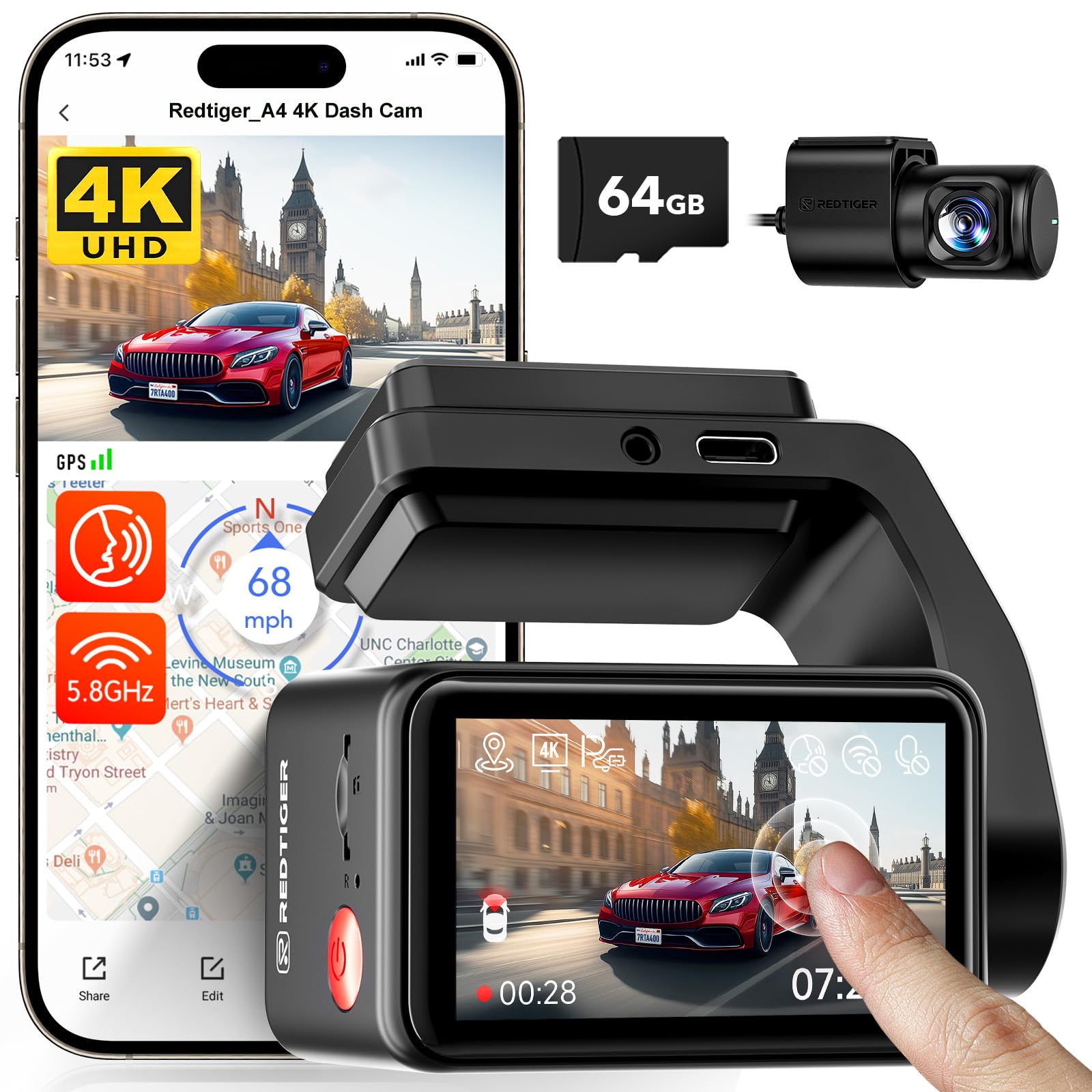 REDTIGER 4K+1080P Front and Rear Dash Cam for Car, 5.8GHz WiFi APP, GPS, 2.2''Mini Touch Screen, Voice Control, Built-in 64GB Card, Loop Recording, 24H Parking Mode(A4)