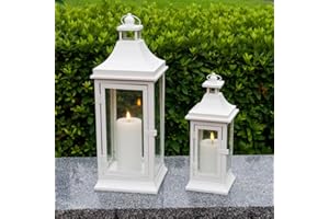JHY DESIGN Zestaw 2 latarni na świecę na zewnątrz 50 cm i 33 cm wys. Latarnie w stylu vintage, wiszące latarnie, metalowe świeczniki do ogrodu, salonu, wnętrz, na przyjęcia, wesela, balkon (Biały)