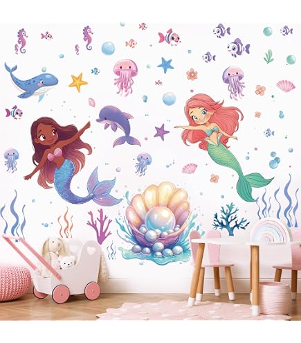 decalmile Stickers muraux sirène licorne sous la mer océan poisson stickers muraux chambre bébé fille chambre chambre salle de bain décoration murale