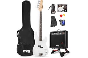Max Gigkit Basse Electrique, Kit Complet Ampli 40 Watts, Housse, Stand, Cordes de Rechange, Accordeur, Sangle, Câble Jack et Médiators, Idéal pour Musicien Débutant ou intermédiaire - Blanche