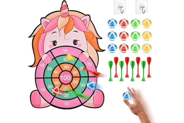 Vicloon Jeu de Fléchettes pour Enfants, Cible de Fléchettes Licorne Cadeaux Pliable avec 12 Balles Collantes 8 Fléchette et 2 Crochets pour Garçons et Filles de 3 à 12 Ans