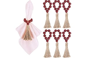 Meplait 6 Pieces Wooden Bead Napkin Rings Boho Napkin Rings for Dining Table, Wedding Decoration (Burgundy)