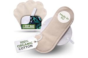 NATISSY Compresas Reutilizables Ecológicas Algodón Orgánico; 6-Pack + Bolsa (S+M) Compresas de Tela Lavables para Mujer HECHAS EN LA UE; Compresas Tela Mujer Organico con alas para menstruación, incontinencia