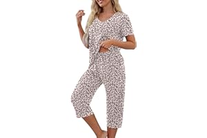 SYDUZAX Women 2 Piece Loungewear Set Tracksuit Short Sleeve V Neck Tops Capri Pants Cropped Trousers Lounge Sets Summer Outfits Soft Comfort Pajamas Sets Homewear Ladies Co Ord Set Loose Comfort Sleepwear