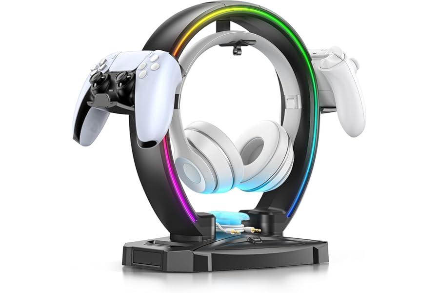 KDD RGB Headphone & Controller Stand with 9 Light Modes - Foldable Controller Hanger for Desk - Earphone Stand with Cable Organizer - for Gamers Desktop Accessories