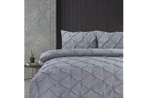 Linen Home Pintuck Grey Double Duvet Set Pinch Pleat Soft Microfibre Double Bed Quilt Cover with 2 Pillowcases, Easy Care Wrinkle Free Double Bedding Set of 3 Pcs (Grey, Double Duvet Cover Set)