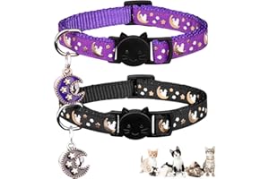 WERPOWER 2PCS Breakaway Cats Collars with Bell Moons Stars Adjustable Kitten Collars with Pendant Glow in The Dark (Purple+Black)