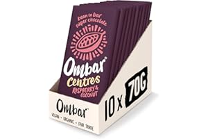 Vegan Chocolate - Ombar Centres Raspberry & Coconut (70g x 10 Bars) Organic Fair Trade, Dairy and Gluten Free Chocolate