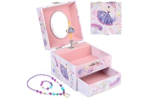 Anyiner Musical Jewellery Box for Girls - Spinning Ballerina Pink Kids Jewellery Box with Drawer, Music Gifts for Children Aged 3-10