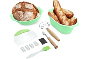 Aomiduo Cestino Lievitazione Pane Set Ovale e Rotondo Cestino per Pane in Silicone con Accessori per Cottura del Pane per panettieri Domestici e Professionisti Regalo, Verde