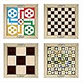 Clapjoy Wooden 4 in 1 Board Game for Kids & Adults| Ludo & Chess |Snake Ladder & Tic Tac Toe| Size 12 x 12 inch | Ideal for Parties, Fun, and Family Game Nights