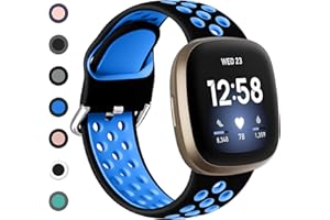 Dirrelo Bracelet Compatible avec Fitbit Versa 4 Bracelet/Fitbit Versa 3 Bracelet/Fitbit Sense Bracelet/Fitbit Sense 2 Bracelet Femme Homme, Sport Respirant Silicone Étanche Remplacement, Noir/Bleu L