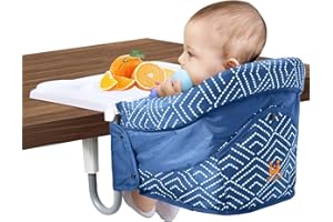 MTWML Tischsitz Baby mit Abnehmbarem Tablett, Tragbarer Hochstuhl zum Anklippen für Babys Kleinkinder, Faltbarer Reisehochstuhl mit 5-Punkt-Gurt, Tragetasche für Esstisch Unterwegs(Streifen-Blau)