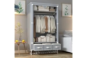 Anmas Power Portable Canvas Wardrobe with 3 Drawers, Hanging Rail & Shelves, 90x45x170cm, Grey
