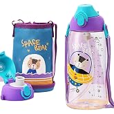 Uzspace B&uuml;y&uuml;k Boy 700ml Kılıflı Askılı Pipetli/pipetsiz Iki Ayrı Kapaklı Tritan &Ccedil;ocuk Matarası (Space Bear (Mor-Mavi))