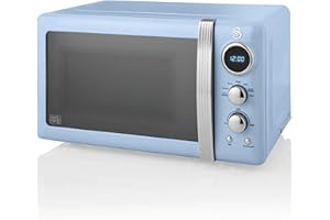 Swan SM22030LBLN Retro LED Digital Microwave with Glass Turntable, 5 Power levels & Defrost Setting, 20L, 800W, Blue