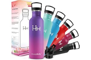 HoneyHolly Butelka na wodę ze stali nierdzewnej, butelka na wodę o pojemności 1 l, butelka sportowa, butelka na wodę na siłownię, BPA FREE, szczelna metalowa butelka na wodę, 1 l