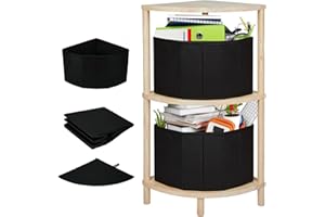 TOONGEEN Corner Shelf Unit Natural Wooden with 2 Storage Box, 3 Tier Small Corner Standing Storage Shelving Rack Unit for Living Room, Hallway, Kitchen & Bathroom, 31.5x31.5x70.5cm