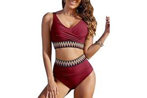 Vijamiy Bikini Damen Set Hohe Taille Bauchweg Badeanzug Zweiteilig Sexy V Ausschnitt Push Up Bikini Bunt Gestreift Bademode Grosse Grössen Beach Pool Bikini