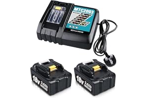 PDSTATION 2 Pack 3.0Ah Replacement Batteries for Makita 18V Batteries BL1850 BL1860 LXT-400 + DC18RC 3A Charger Compatible with All Makita 14.4V-18V Li-ion Battery BL1815 BL1830 BL1850 BL1430（UK Plug）
