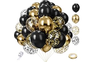 Luftballons Geburtstag Schwarz Gold 65 Stk 12 zoll 5 zoll SKYIOL Latex Ballons Goldene Konfetti Luftballons Metallic Ballons mit Girlande Streifen für Hochzeit Abschluss EID Silvester Neujahr Deko