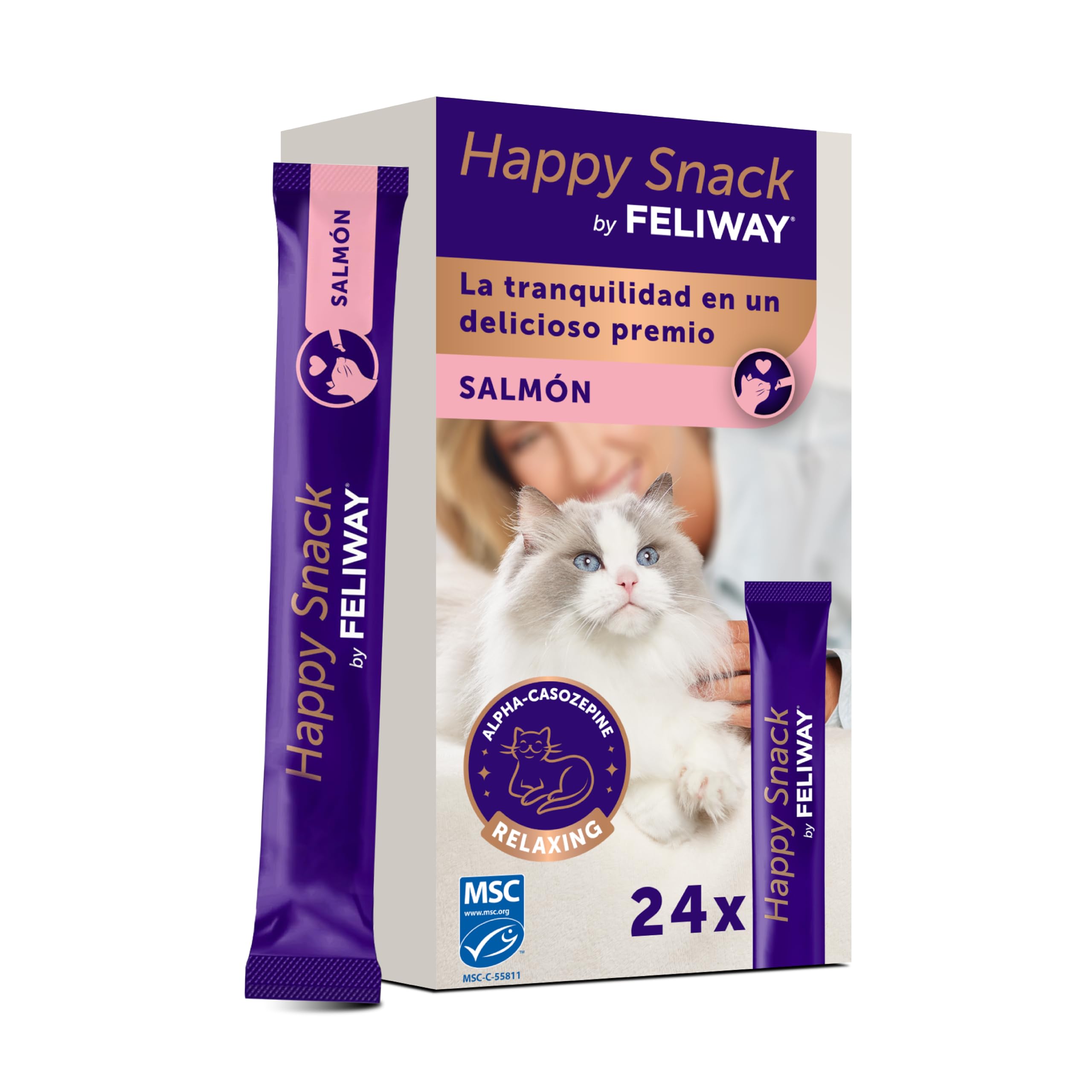 FELIWAY Happy Snack Sabor salmón - Pack Ahorro de deliciosos y cremosos premios calmantes para Gatos (24 Sobres). Ayuda a los Gatos a sentirse más tranquilos y a Mejorar vuestro vínculo.