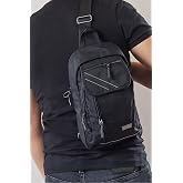 WillPolo - &Ccedil;apraz Sırt Omuz G&ouml;ğ&uuml;s Su Ge&ccedil;irmez Askılı Unisex Gri Şeritli Siyah &Ccedil;anta (18x30 cm) (SPORT C&Uuml;ZDAN HEDİYELİ)