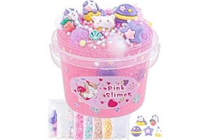 Okaybee Kit de slime de unicornio de 10 onzas líquidas, cubo de slime transparente rosa, recuerdos de fiesta de slime para niños, slime crujiente brillante incluye 9 paquetes de complementos de slime,