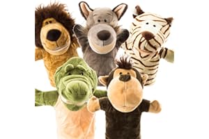 BETTERLINE Animal Hand Puppets 5-Piece Set - Premium Quality with Movable Open Mouths, 9.5” Soft Plush Hand Puppets For Kids- Perfect For Storytelling, Teaching, Preschool - by Better Line (Safari Animals)