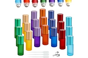 DKBT Roll on szklane butelki na olejki eteryczne, 21 sztuk w rolce na butelce, 5 ml, z kulkami ze stali nierdzewnej, do olejków eterycznych, perfum, kosmetyków, masażu (7 kolorów)