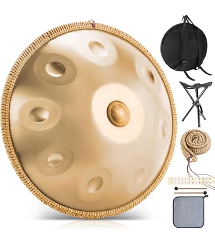 Handpan Drum in D Mineur 10 Noten 22 Inch 432Hz/440Hz Staal, Klassiek Instrument Met Zachte Tas, 2 Hamers, Standaard (Kleur: Goud, Maat: 440Hz