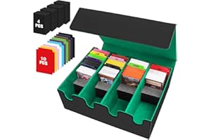 VEUWOLM Caja de Tarjetas para Más de 2800+ Tarjetas, Cajas de Almacenamiento de Tarjetas Coleccionables con 10 Divisores, Cajas de Cubierta Magnéticas Premium, para Tarjetas TCG Magic(Negro Verde)