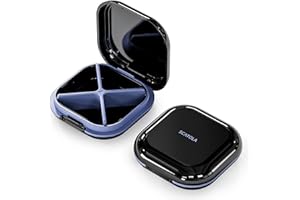 ‎ONTERATE ONTERATE Codzienny Organizer na Pigułki 4 Przegródki, Przenośne Podróżne Etui na Pigułki, Mini Pojemnik na Pigułki do Kieszeni w Torebce, Kompaktowy Podróżny Organizer na Leki na Witaminy (Czarny)