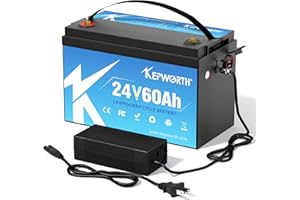 KEPWORTH Batterie 24V Lithium 60Ah, Batterie LiFePO4 avec 60A Protection BMS et 4000-15000 Cycles Profonds, pour Camping-Car, Système Solaire